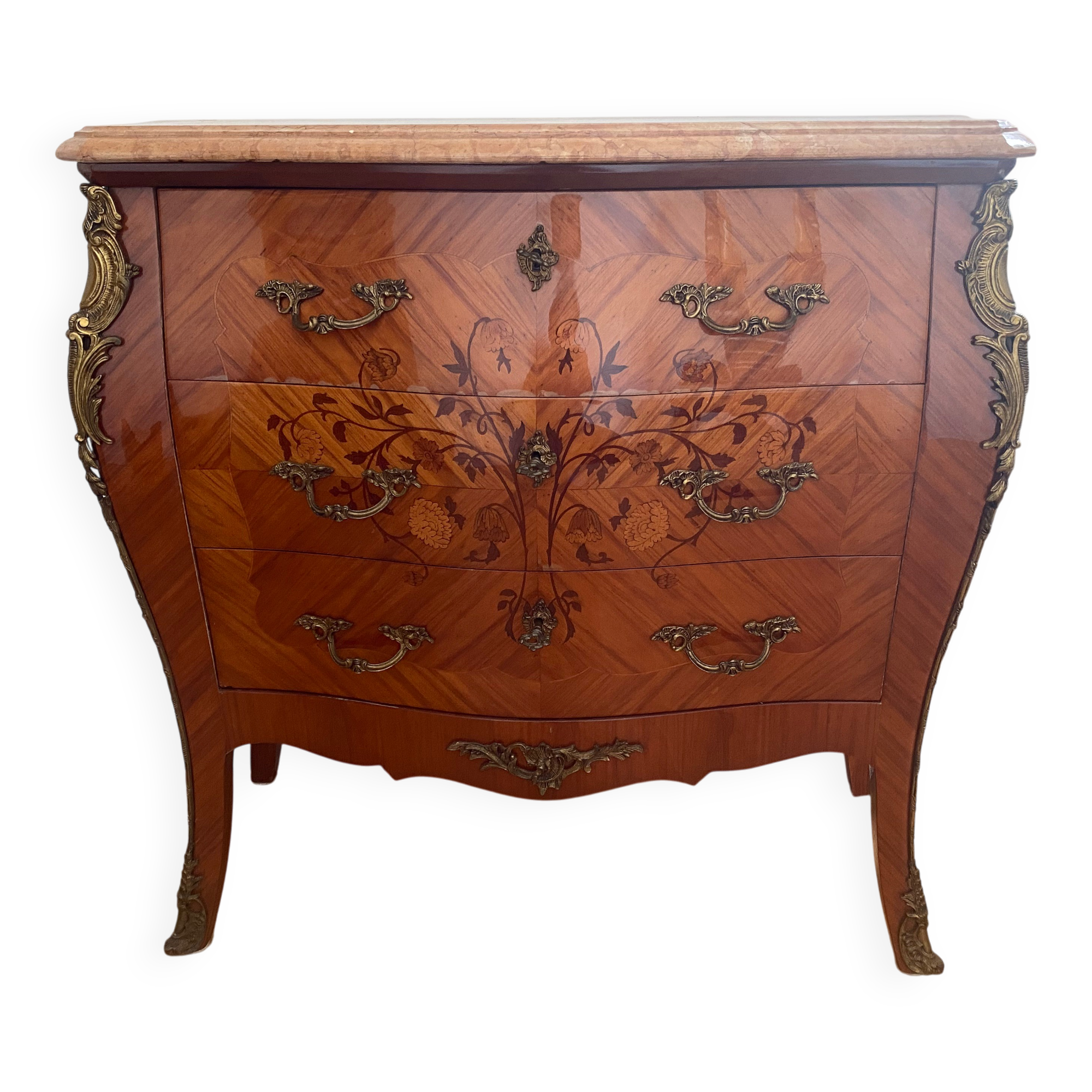 Commode 3 drawers galbee style louis xv marquetry marble top