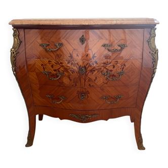 Commode 3 drawers galbee style louis xv marquetry marble top