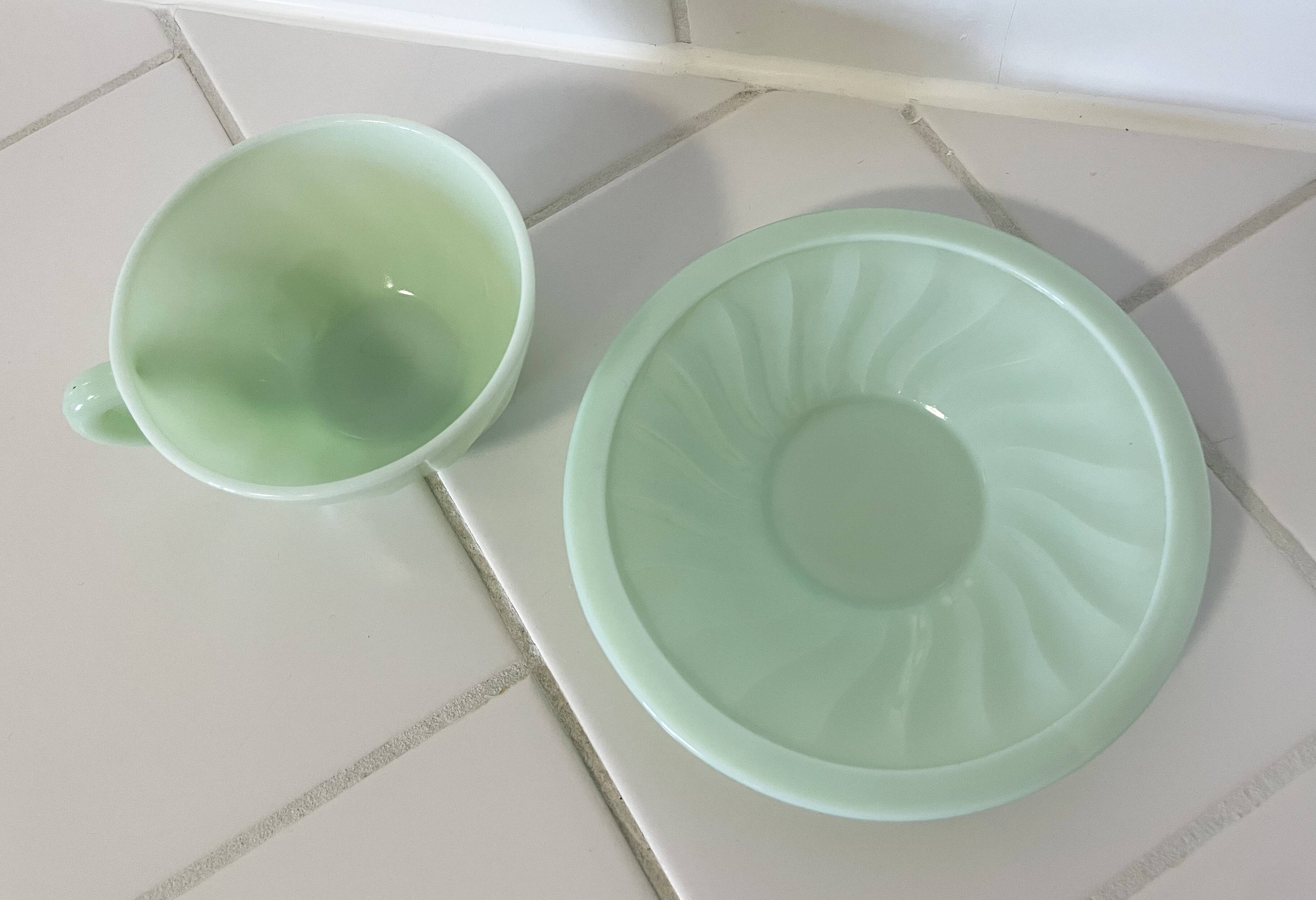 Mint Green Opaline Coffee Cup and Saucer with Swirl Motif, Vintage Art Deco