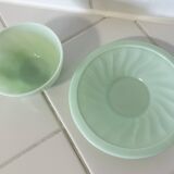 Mint Green Opaline Coffee Cup and Saucer with Swirl Motif, Vintage Art Deco