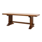 Solid oak trestle table with pegged stretcher, France, 20th century