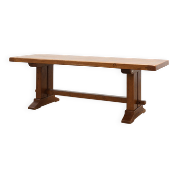 Solid oak trestle table with pegged stretcher, France, 20th century