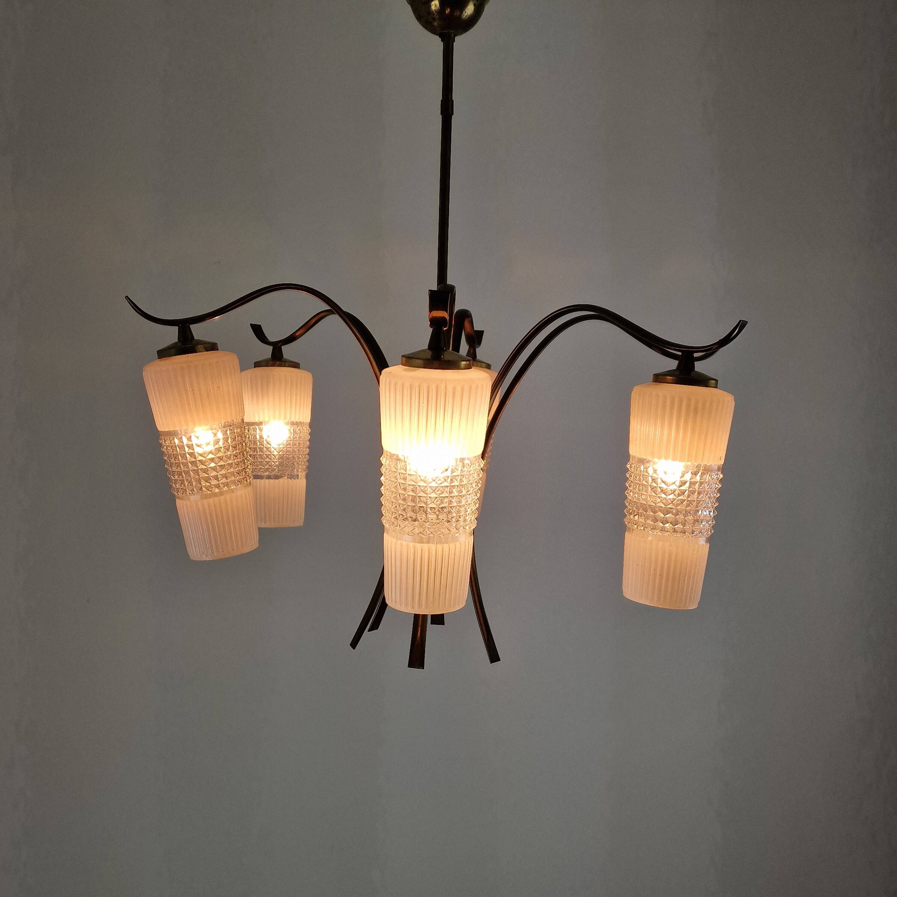 Italian Mid-Century Brass Chandelier with Murano Style Glass Shades, 1960's