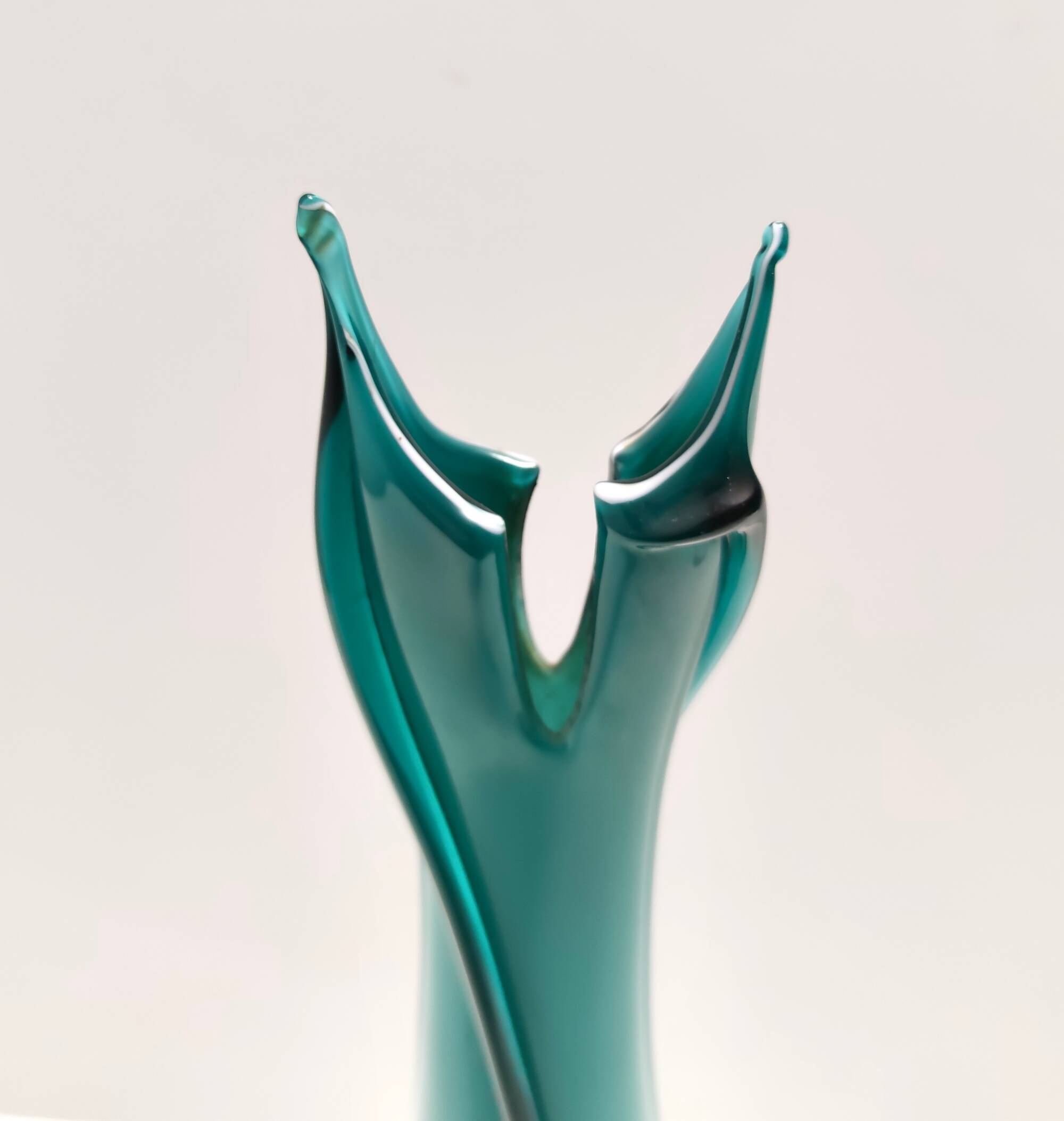 Vintage Teal Encased and Hand-Blown Murano Glass Flower Vase, Italy