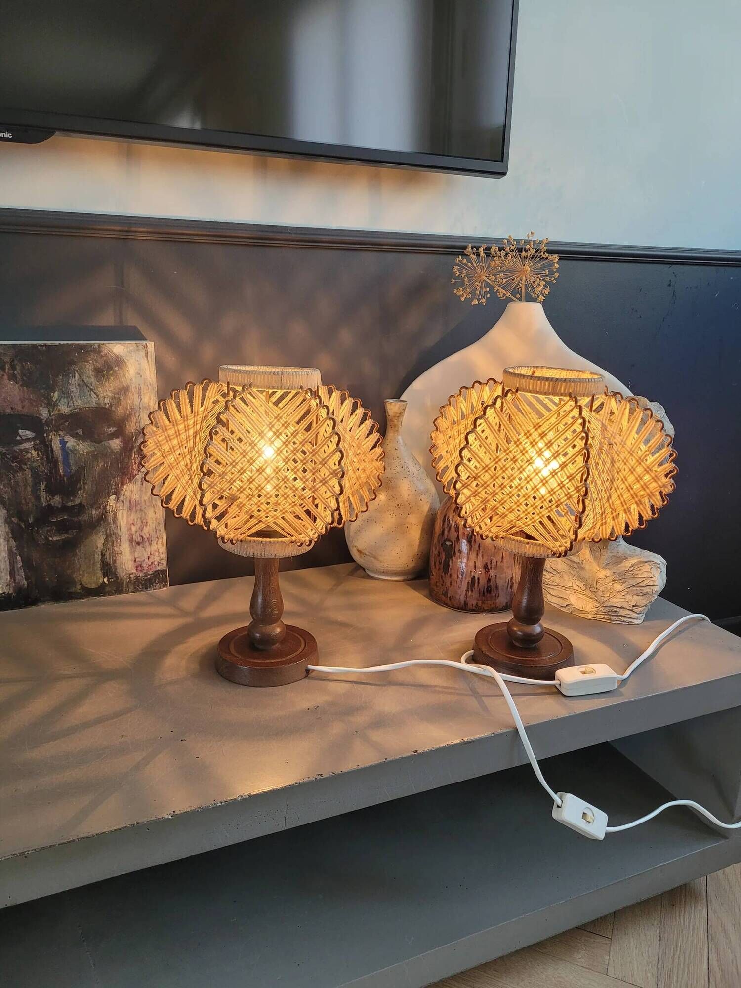 Paire de lampes vintage abat-jour fil tendu