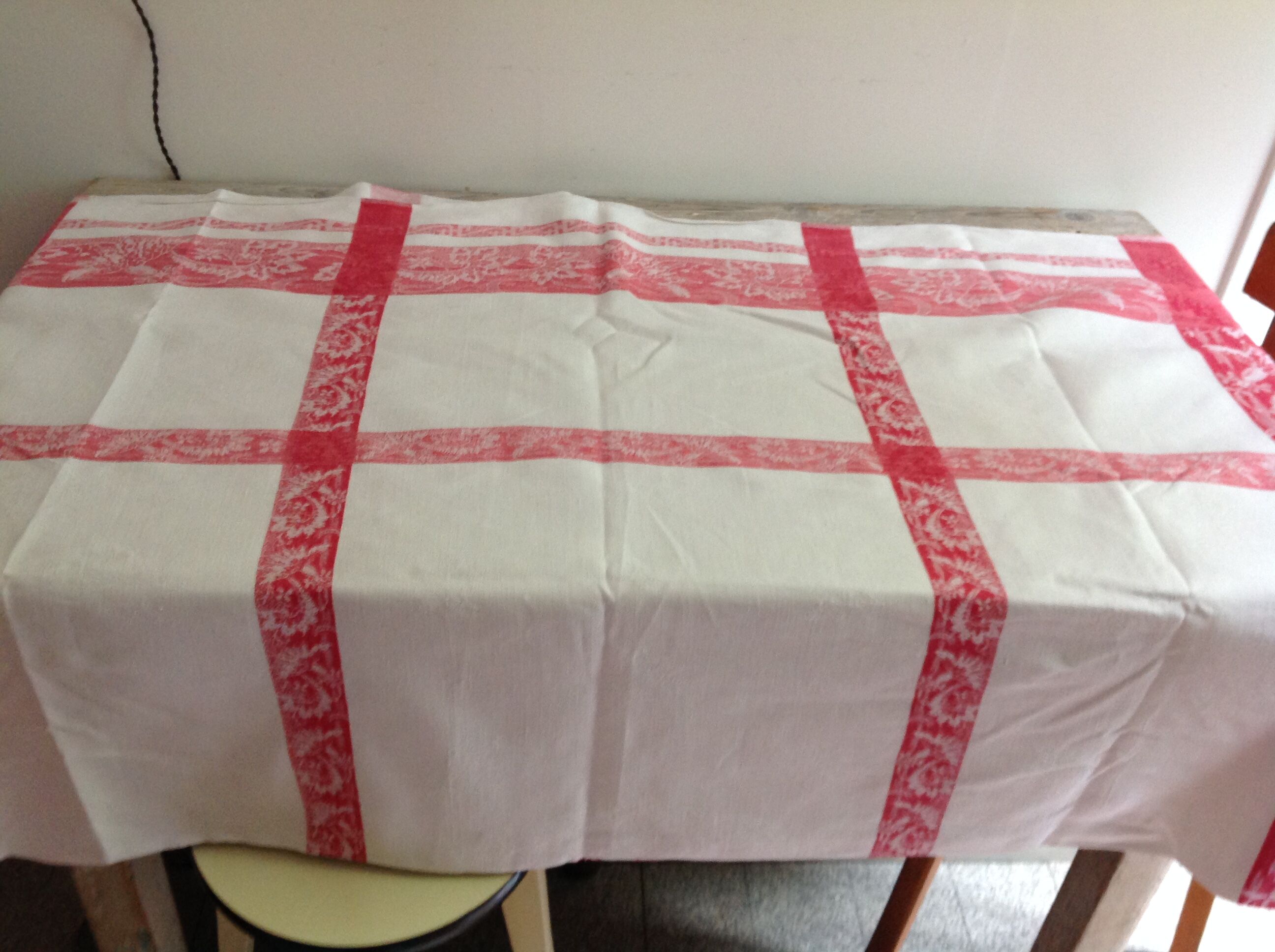 Red and white damask tablecloth