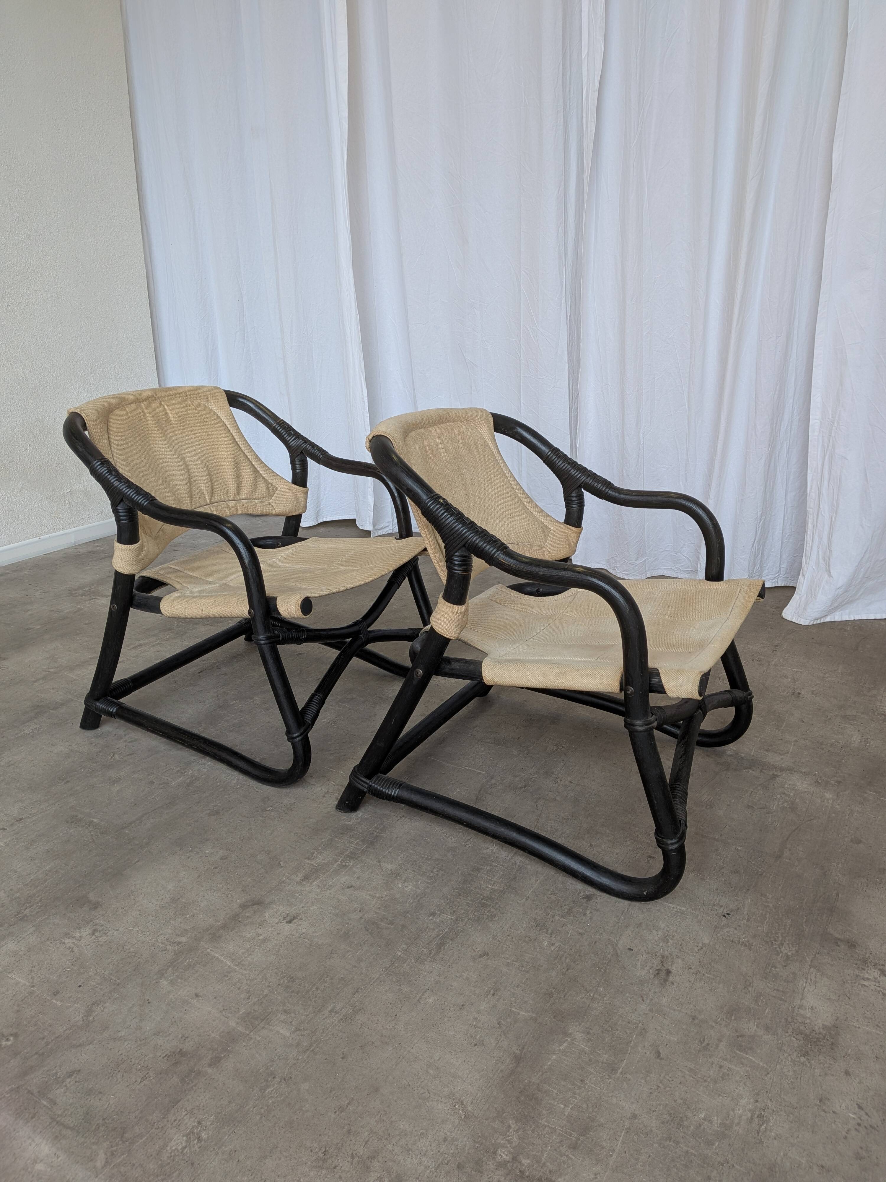 2 Vintage Espri Safari Lounge Armchairs / Rare Mid-century Black Bamboo and Beige Fabric Easy C