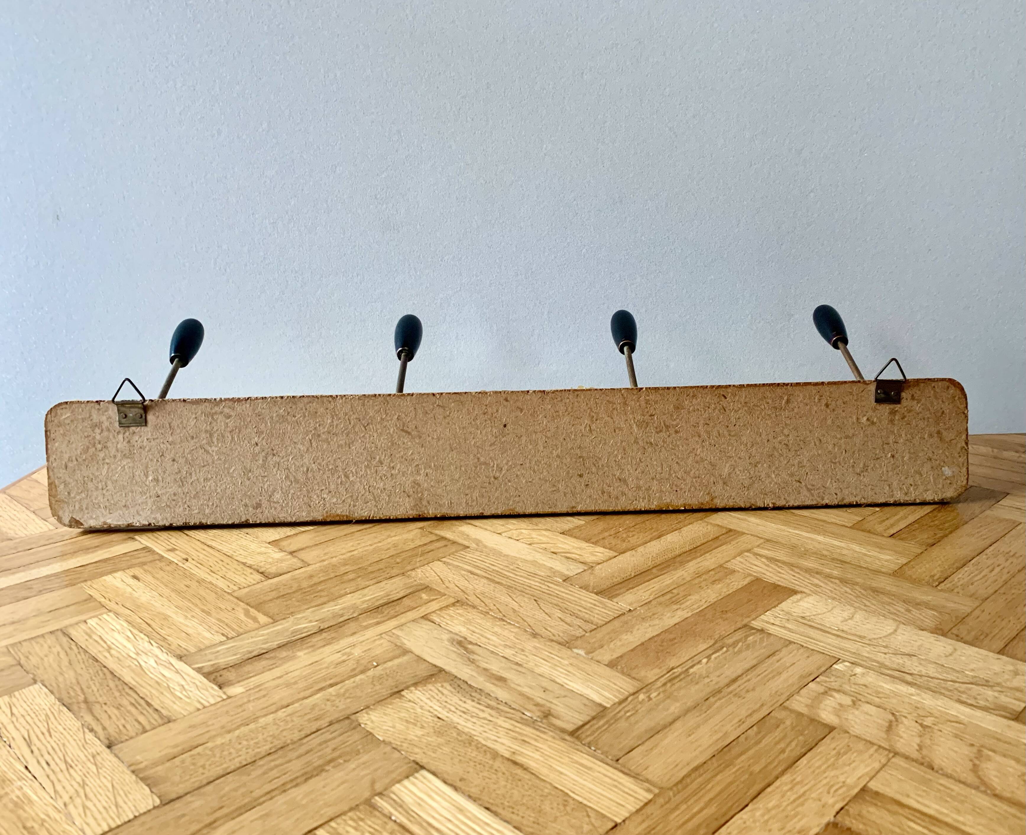 Vintage yellow wall coat rack - four hooks - 1950s