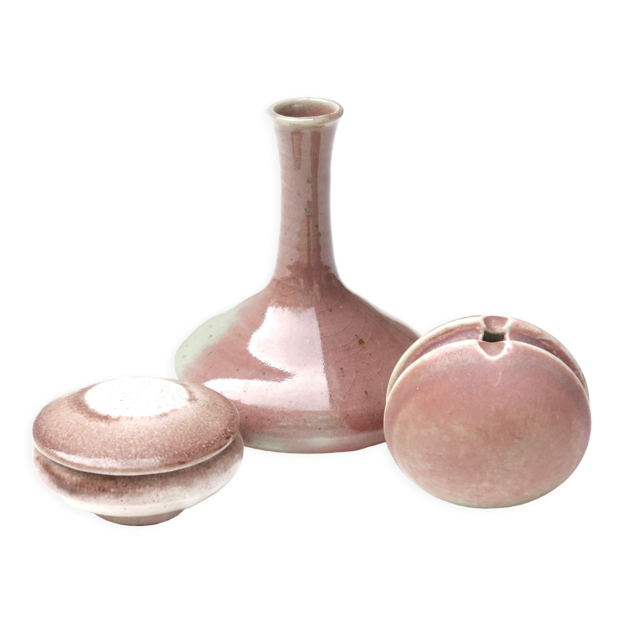 Set of 3 vases and ceramic box in mauve pink tones, 70s