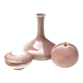 Set of 3 vases and ceramic box in mauve pink tones, 70s