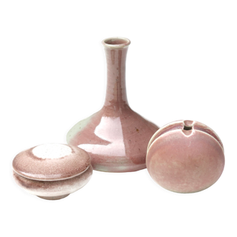 Set de 3 vases et boîte en céramique tons rose mauve, années 70