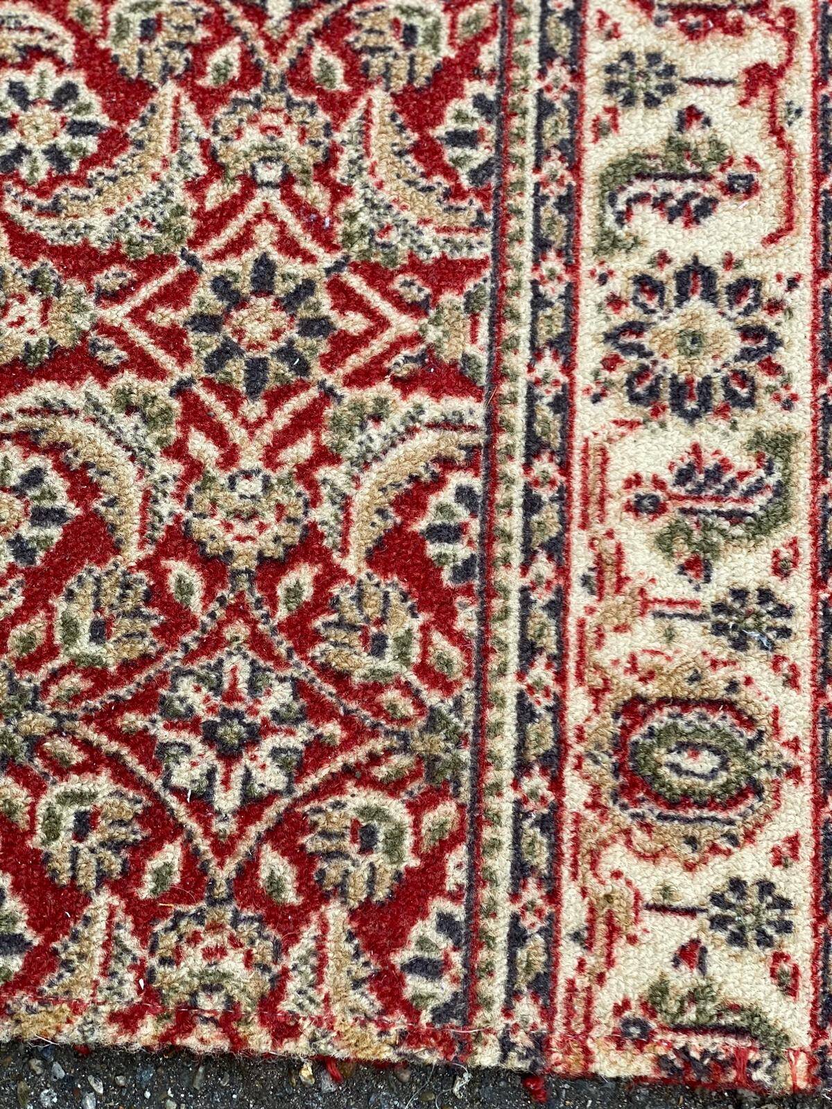Long Persian rug in burgundy red wool with flowers, handmade 205x70