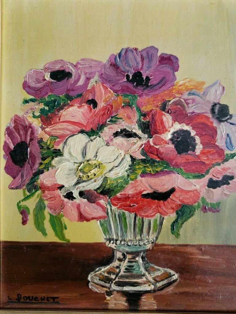 Pair of oils on panel "bouquet of yellow roses" and "bouquet of anemones"