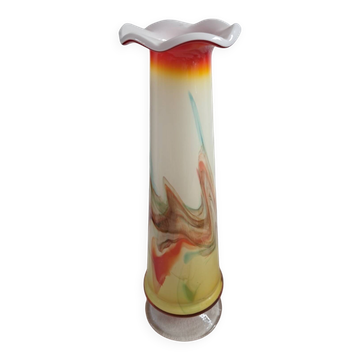 Vase soliflore vintage en verre soufflé et opaline multicolore – années 70