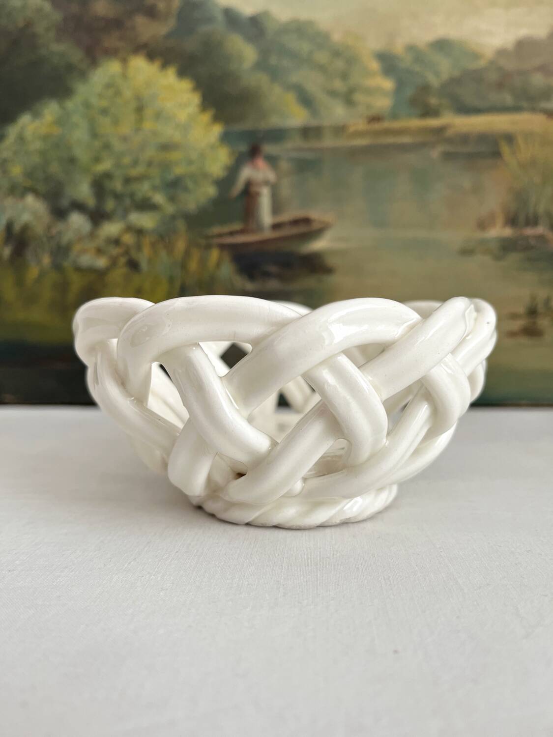 Small vintage white woven ceramic basket