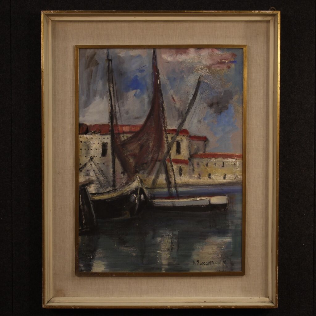 Italian painting signed harbor view with boats from 20th century