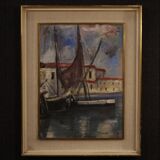 Peinture italienne signée vue sur le port avec des bateaux du 20ème siècle