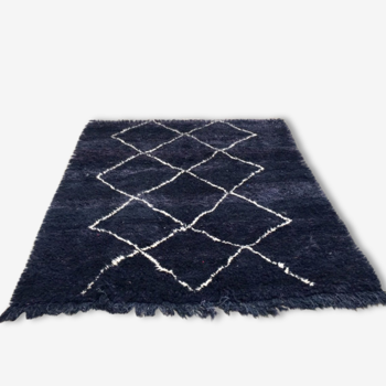 Tapis Beniouarain noir motif géométriques blancs fait main pure laine vierge teintes naturelles 210cmx165cm
