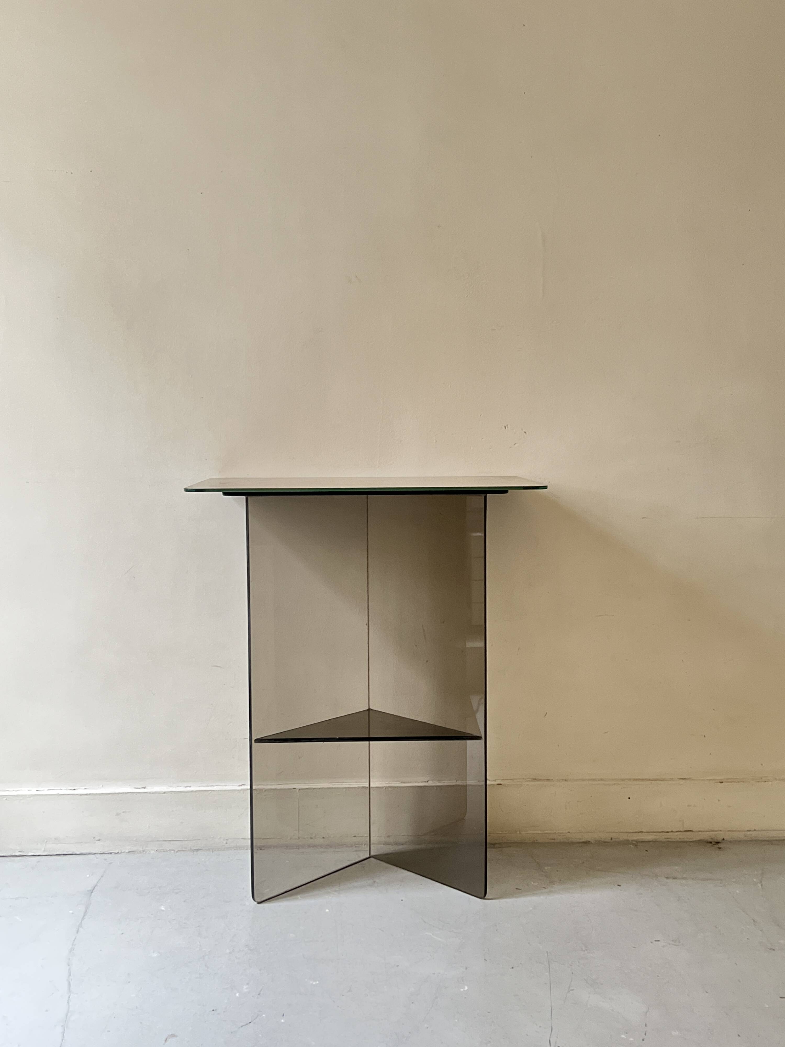 Vintage console in smoked glass and textured organic brown, 70s design.