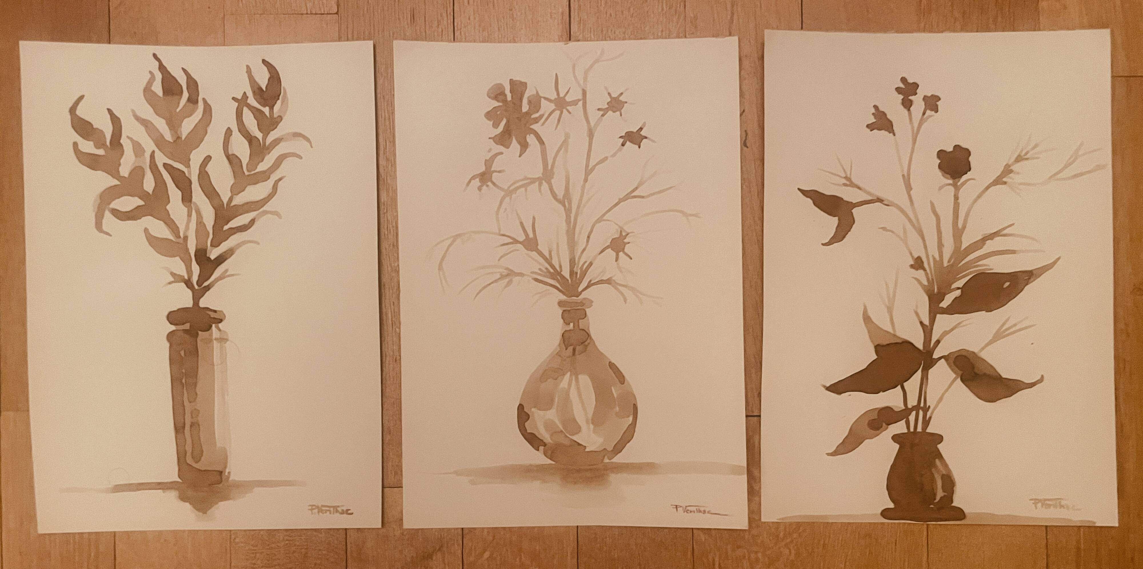Lot de 3 tableaux nature morte vases fleurs séchées style Wabi Sabi