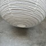 Large pendant lamp in rattan and natural linen Japanese style flattened round (Labu) H57 D80