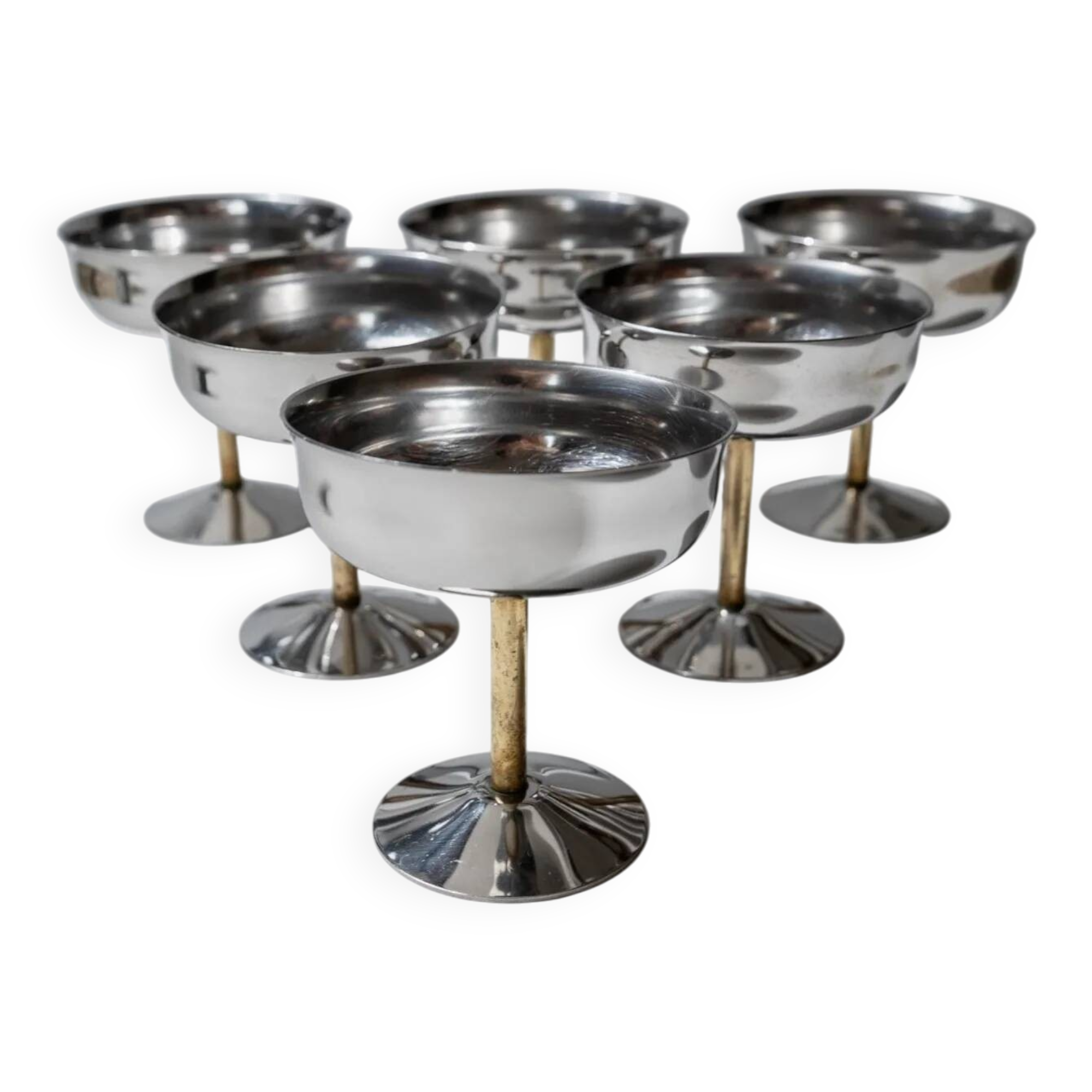 Set of 6 Vintage Champagne Bowls: Argent Stainless Steel with Golden Stem – Italian 1970s Retro Tableware