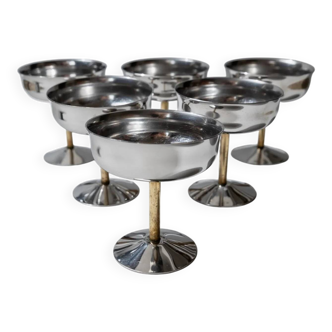 Set of 6 Vintage Champagne Bowls: Argent Stainless Steel with Golden Stem – Italian 1970s Retro Tableware