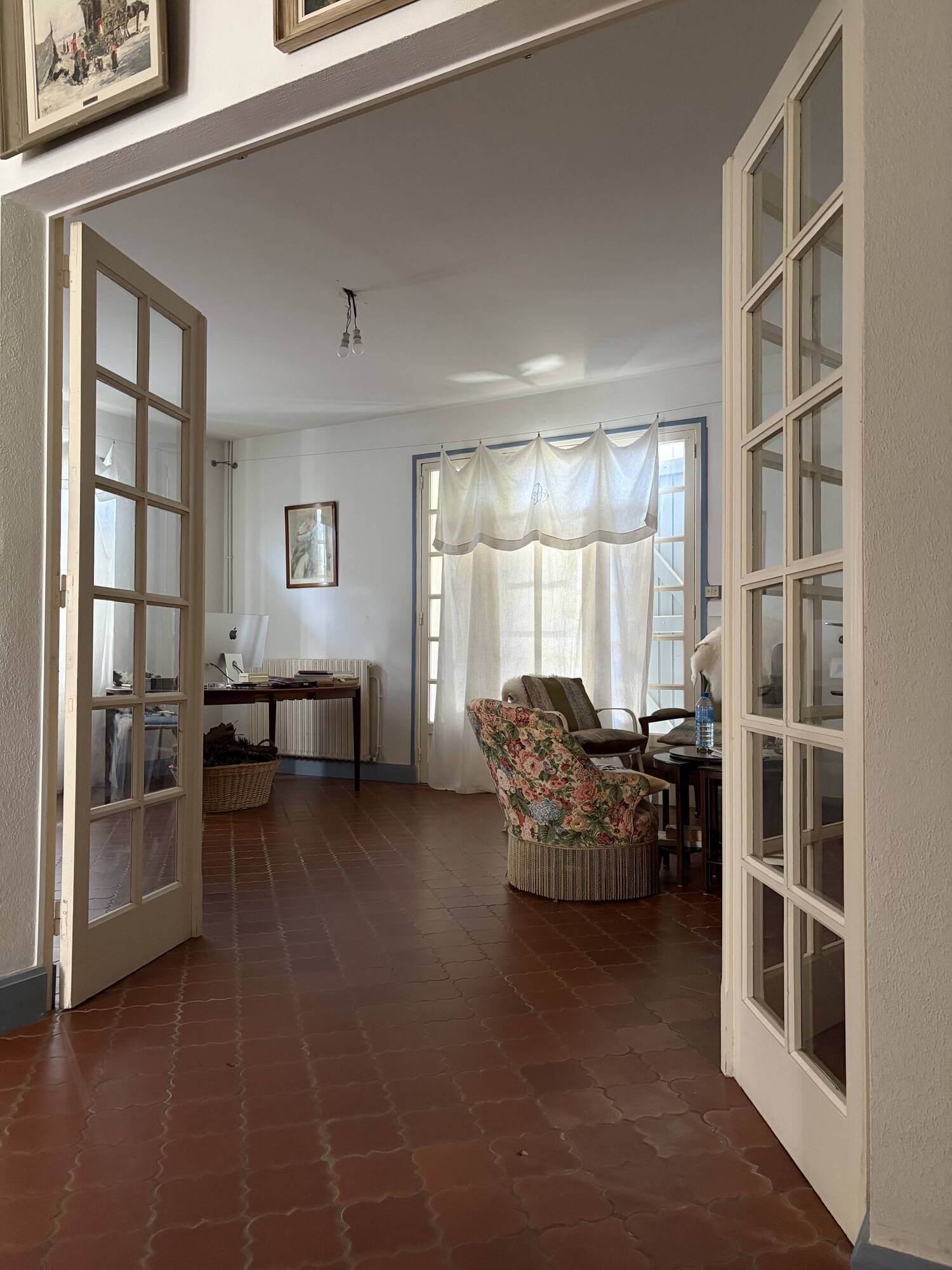 Triptych glass door with three panels featuring small panes. Vintage.
