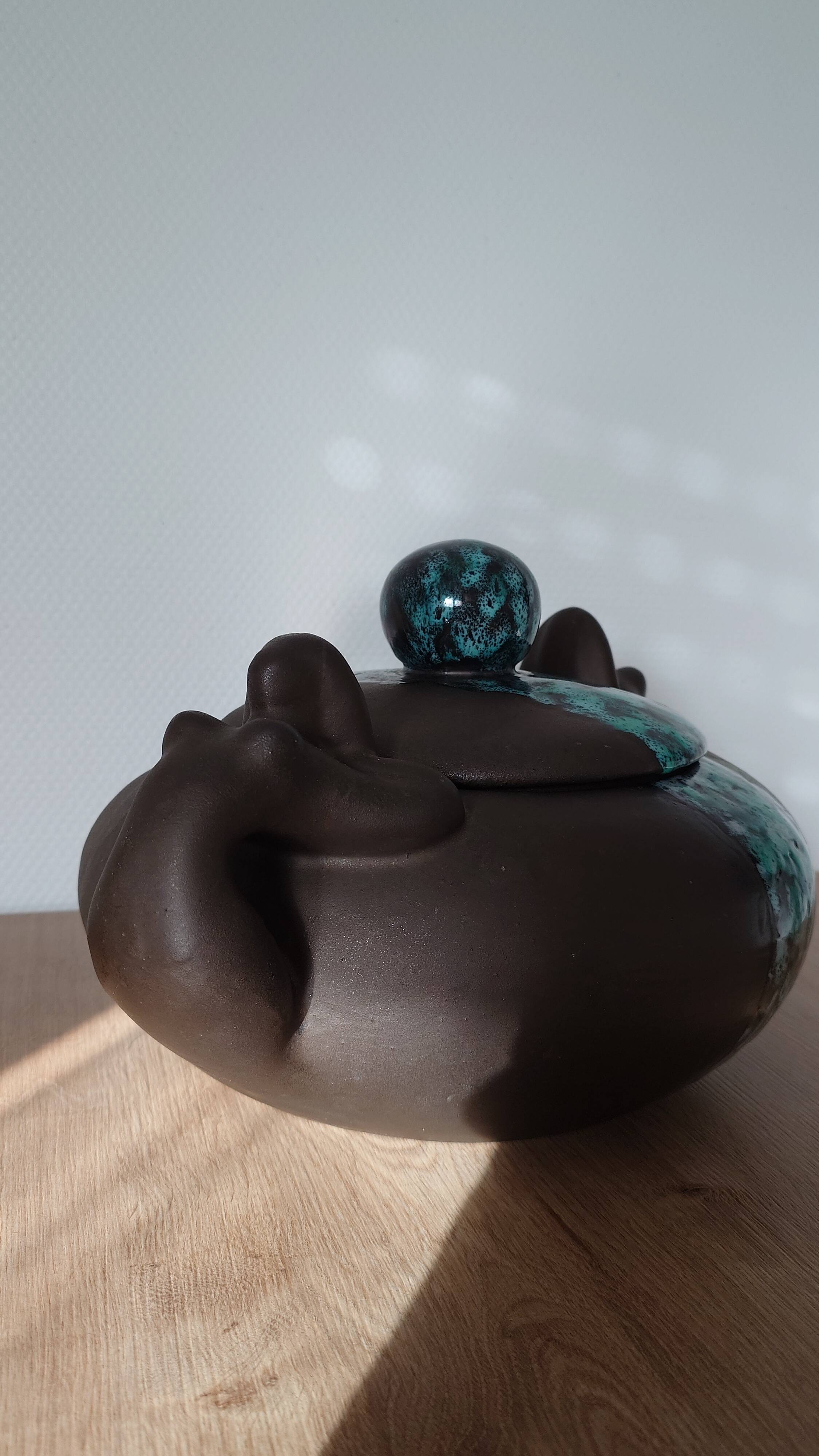 Vintage modernist soup tureen from the 60s-70s, matte brown ceramic and green glaze.