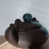 Vintage modernist soup tureen from the 60s-70s, matte brown ceramic and green glaze.