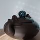 Vintage modernist soup tureen from the 60s-70s, matte brown ceramic and green glaze.
