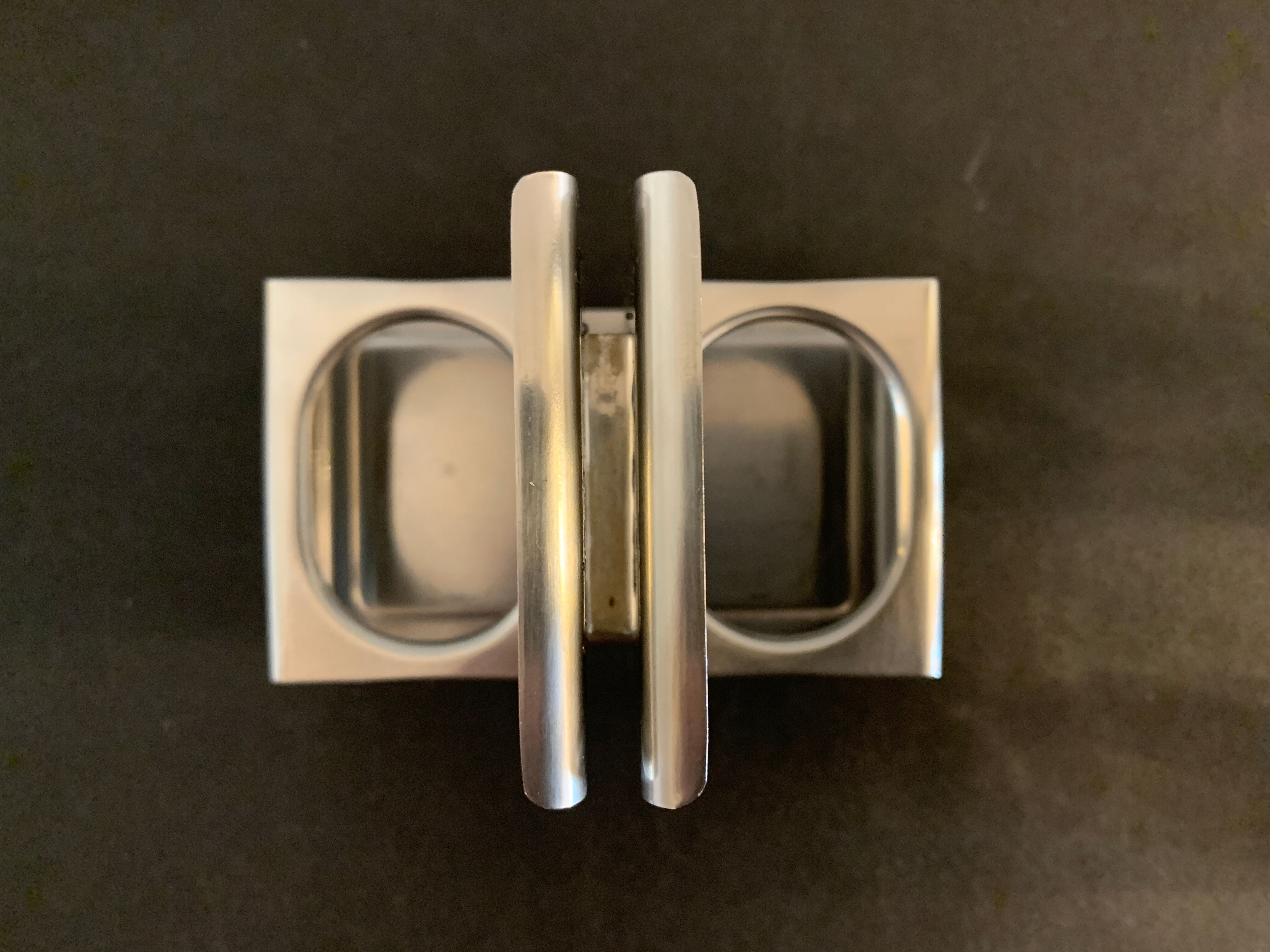 Italian salt and pepper shaker in stainless steel and Alessi glass, 1980