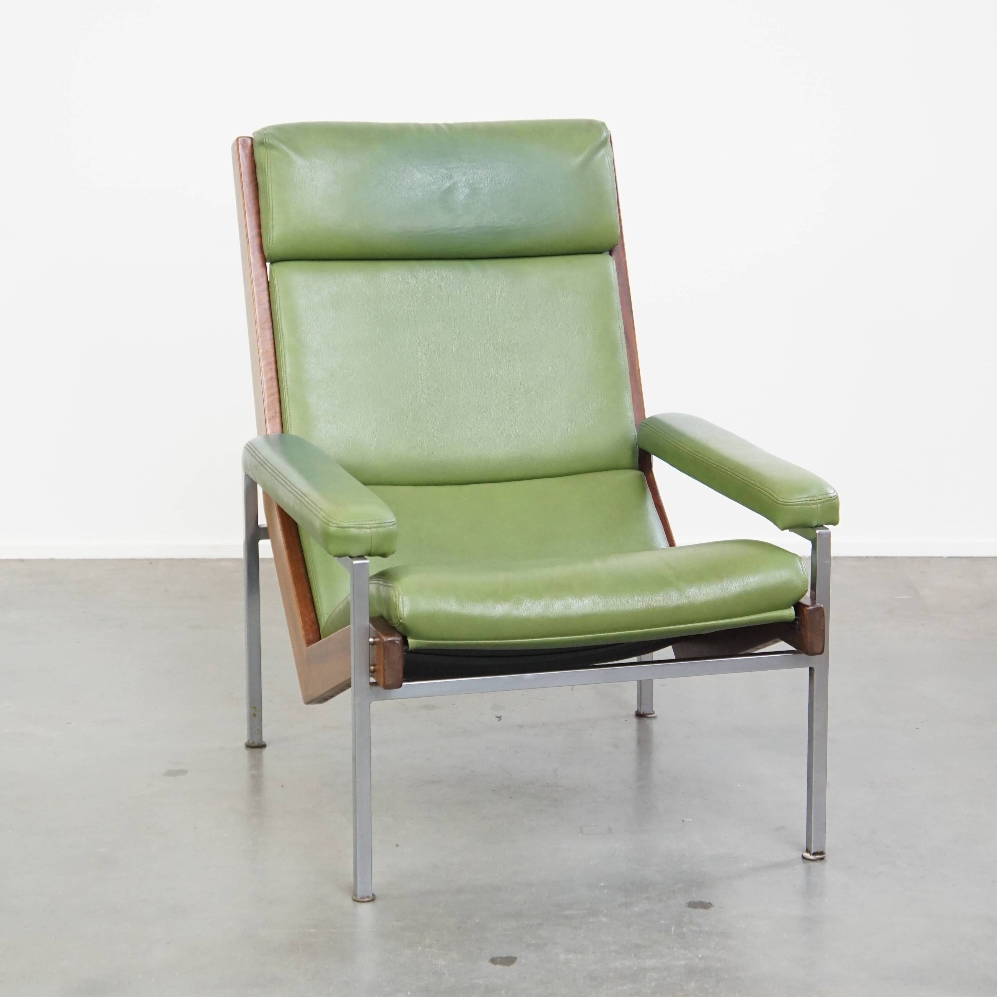 Green Cowhide Leather and Wooden Vintage Armchair