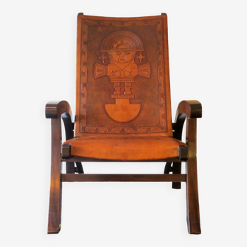 Teak and tooled leather folding chair by Angel I. Pazmino for Muebles de Estilo, Ecuador 1970