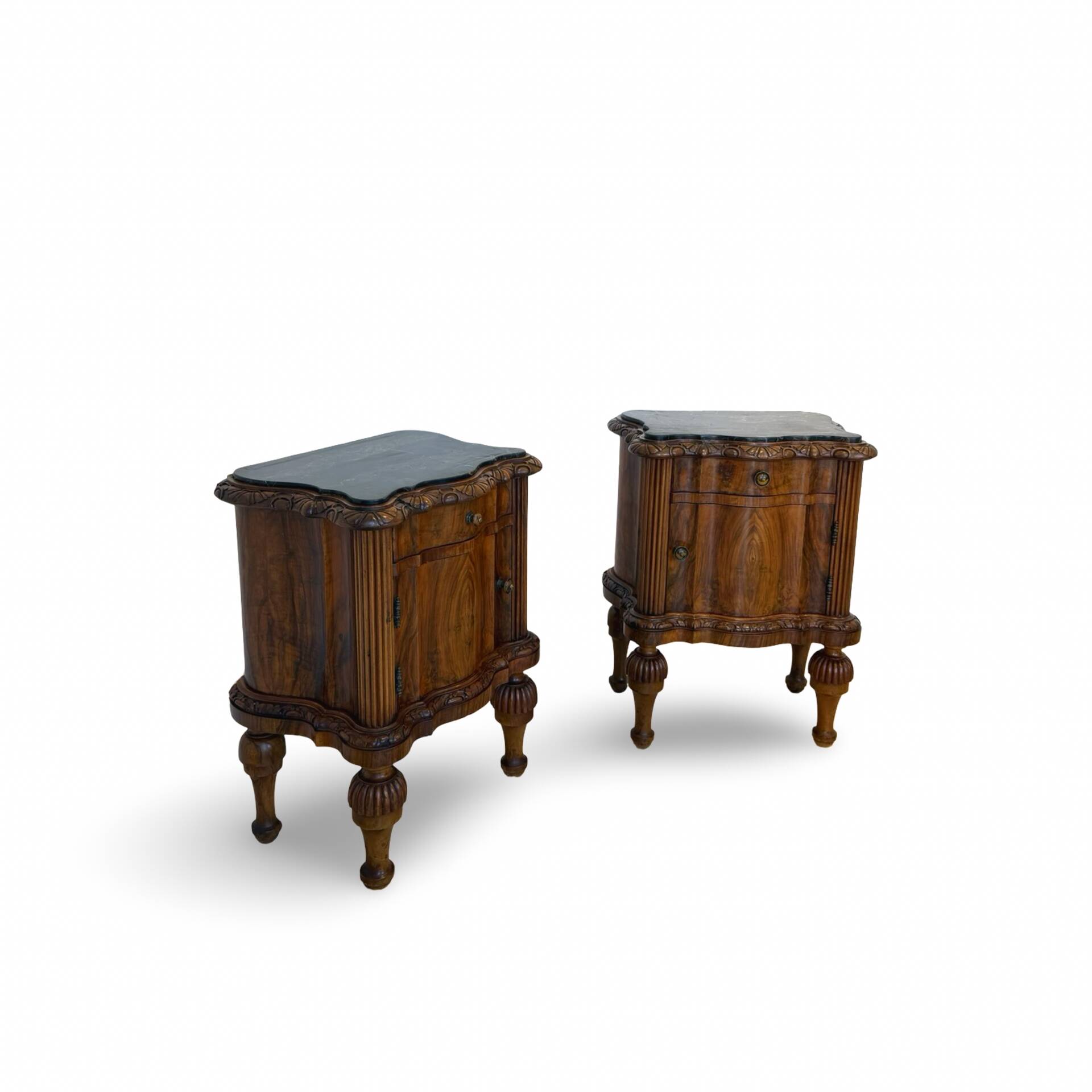art deco walnut serpentine nightstands, 1920s