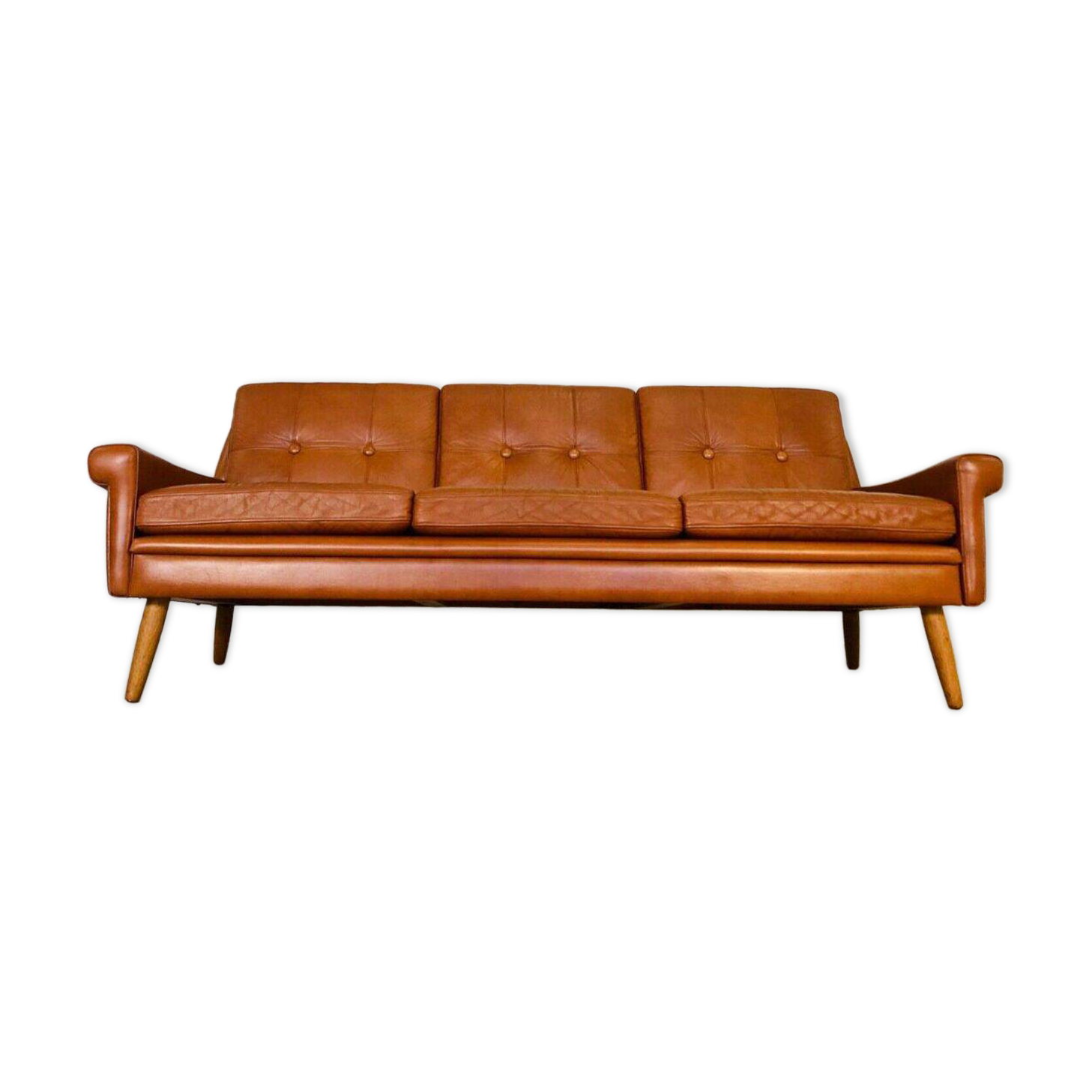 Canapé Svend Skipper vintage danois des années 60 en cuir cognac pour 3 personnes.