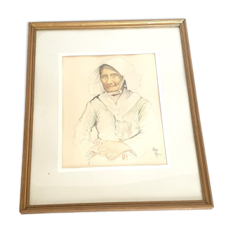 Portrait vendéene pencil ink watercolor signed Aubin