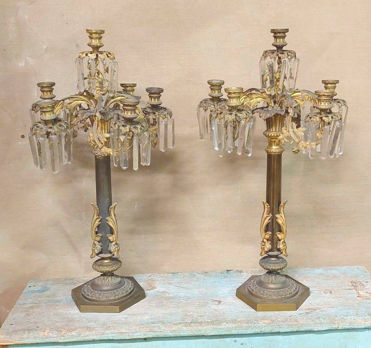 Pair of large, six-light gilt bronze candlesticks