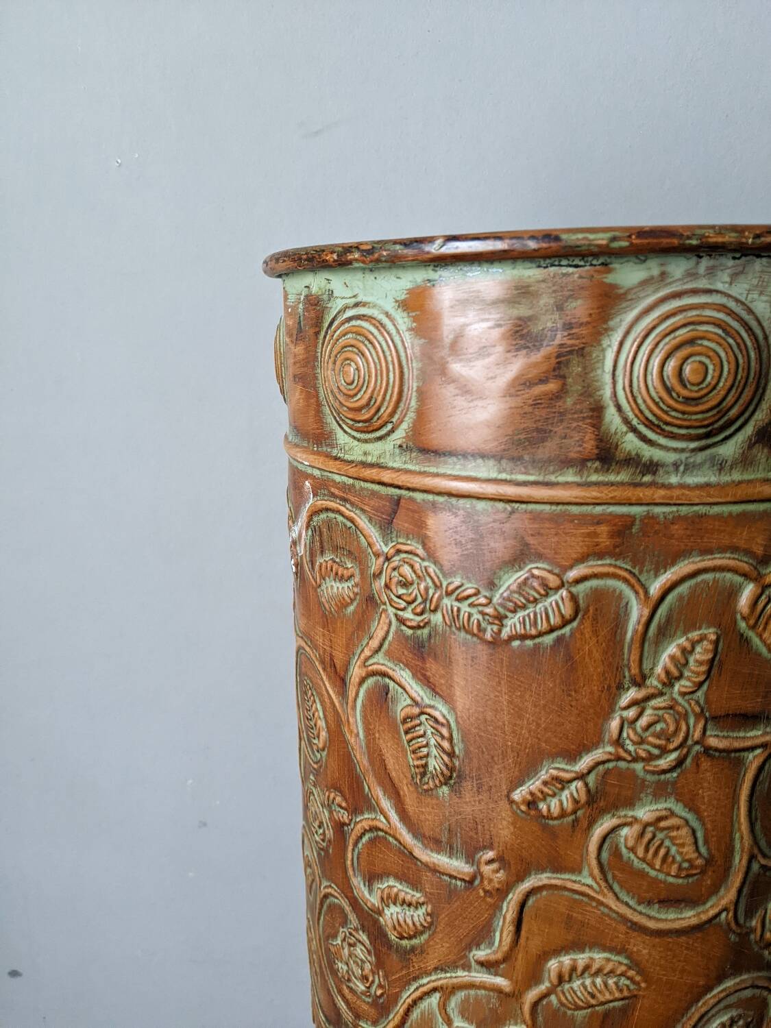 Metal repoussé umbrella stand bohemian country decor