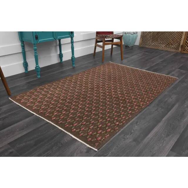1970s Vintage Turkish Hand-Knotted Wool Cotton Brown Rug 130x194