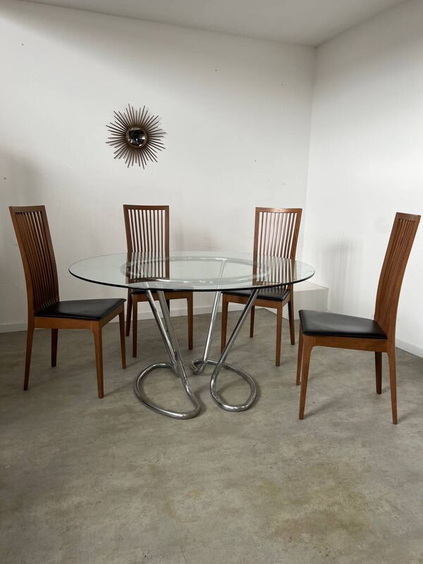 Lot 4 chaises dossier haut bois et simili cuir design italien Calligaris