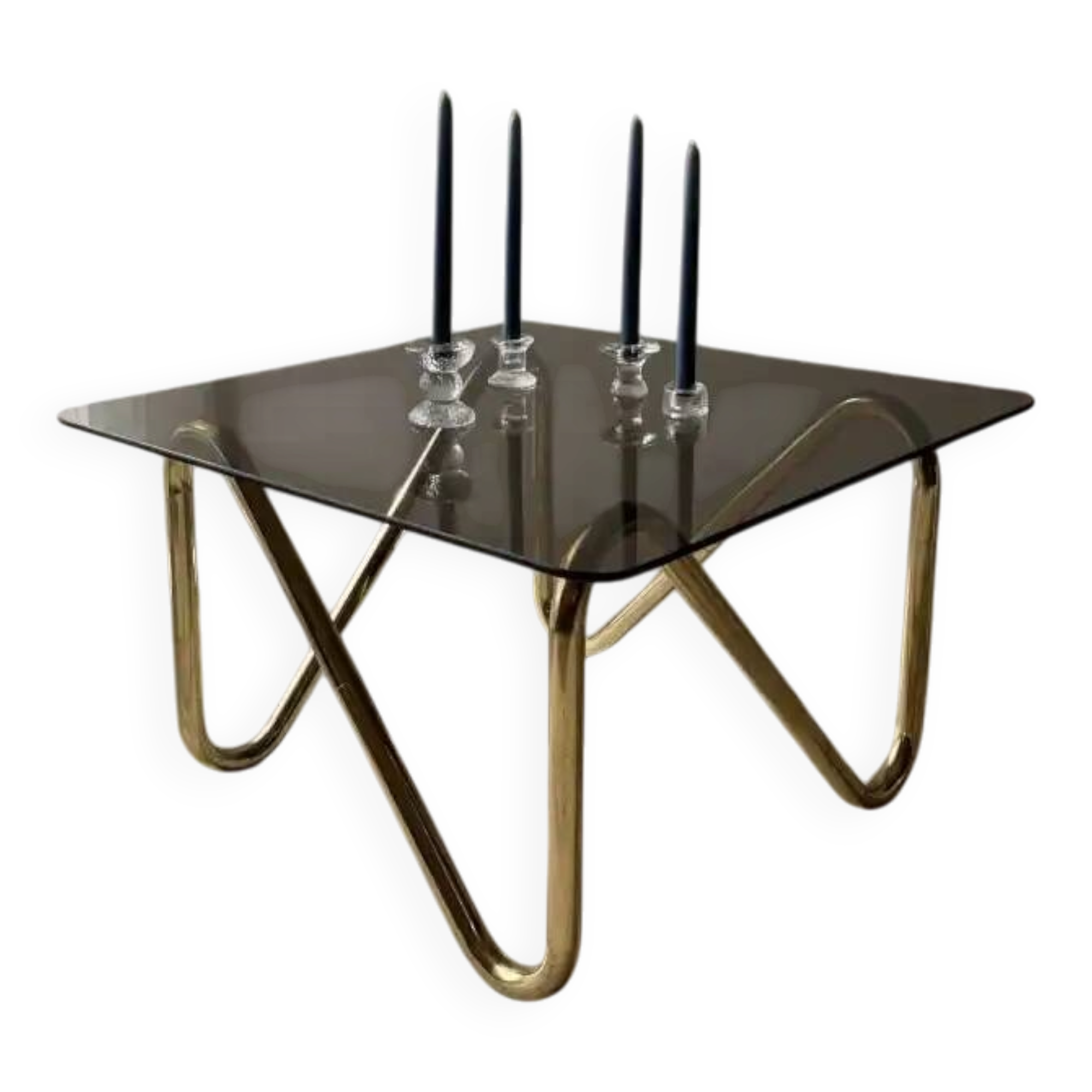 Coffee table with smoked glass and curved metal base