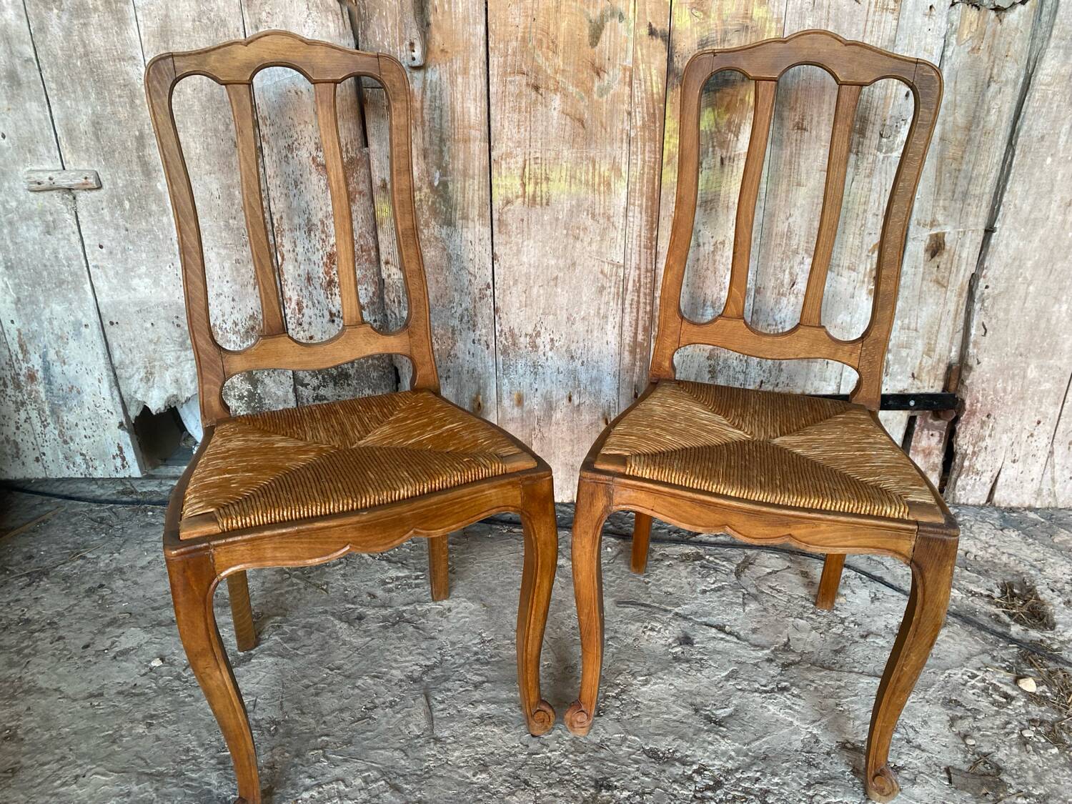 Pair of Antique Art Nouveau Chairs with Wooden Frame + Woven Straw Seat Vintage