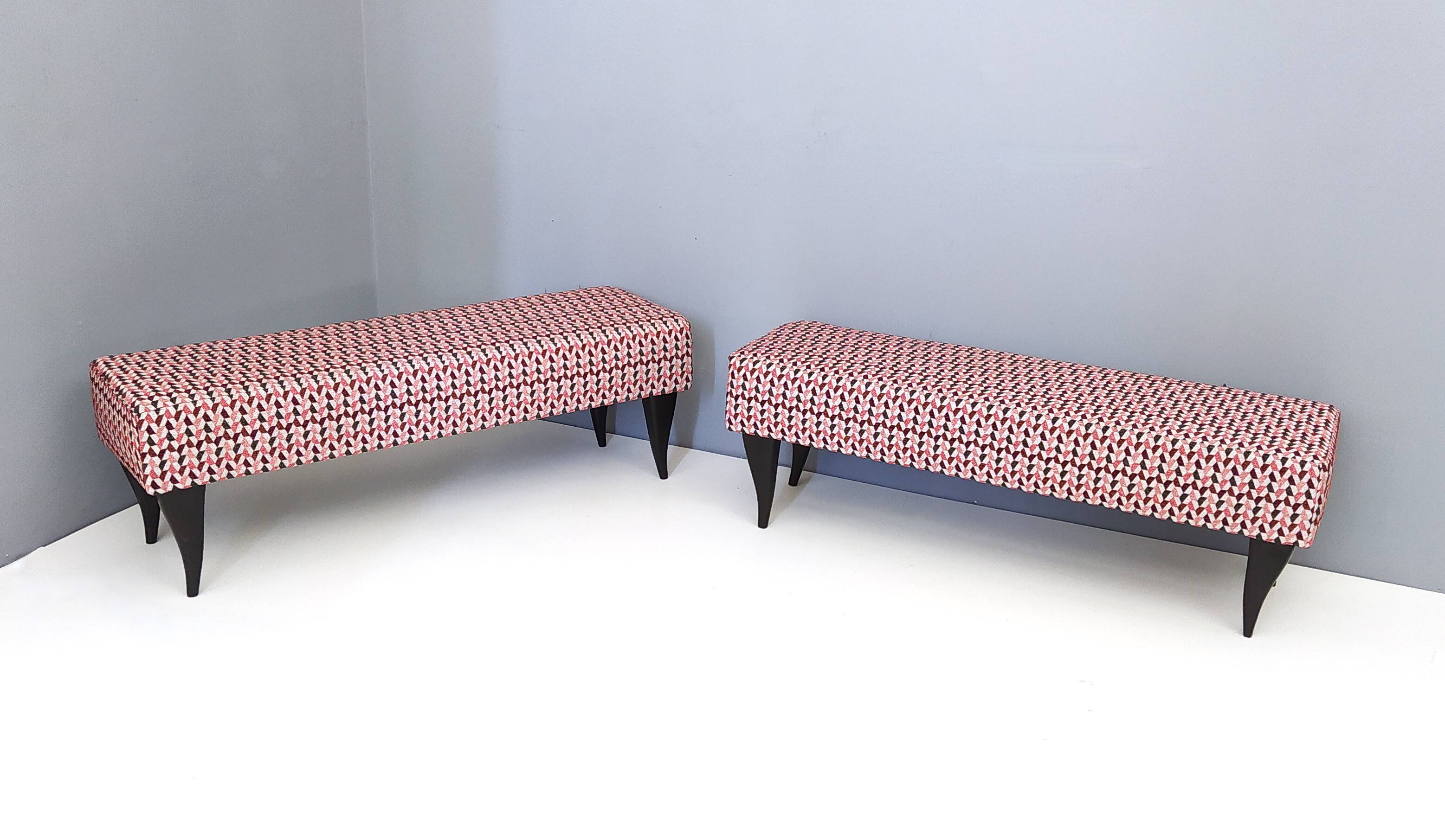 Pair of Benches with Red Patterned Fabric Upholstery, Italy