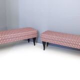 Pair of Benches with Red Patterned Fabric Upholstery, Italy