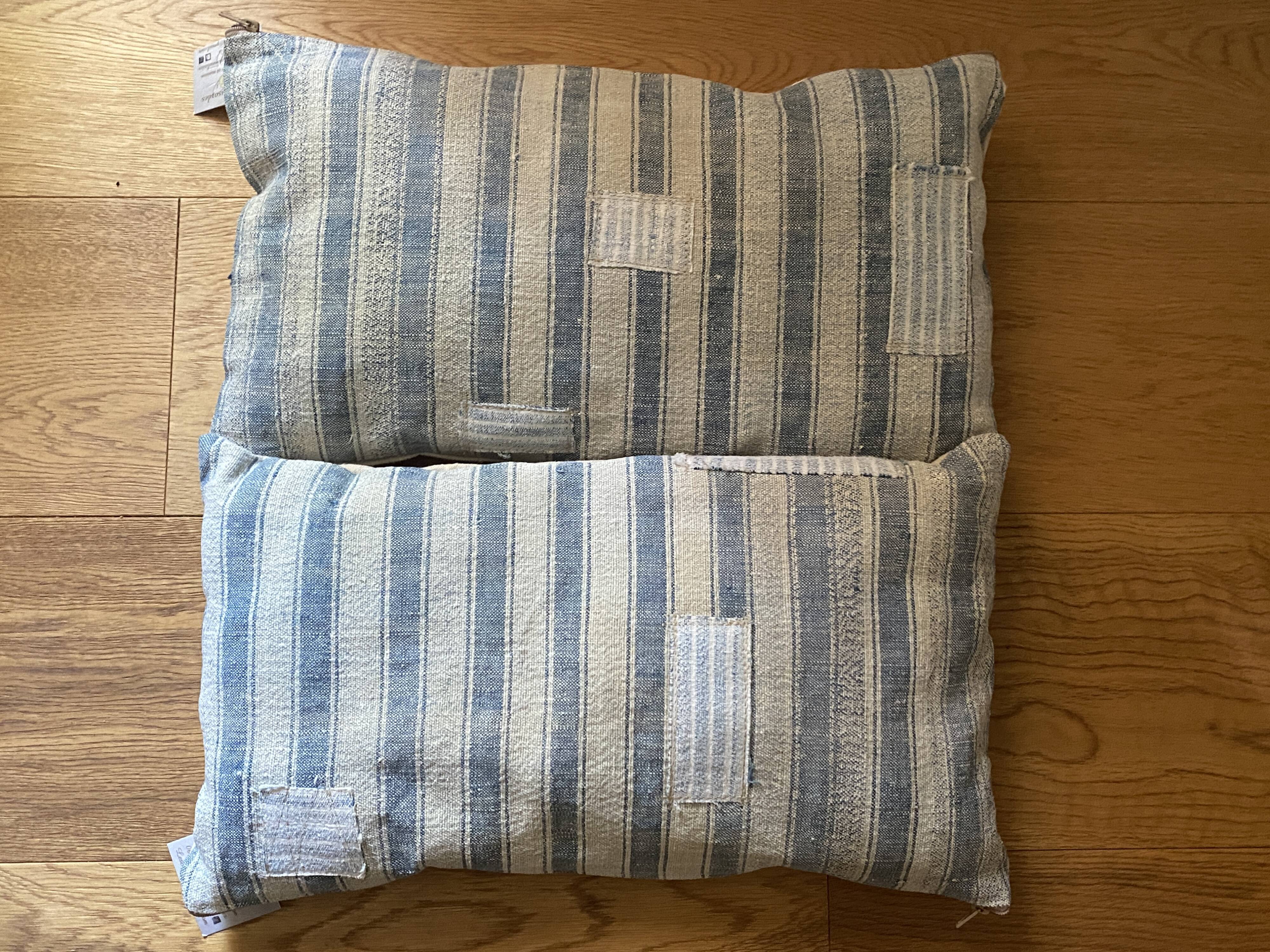 Pair of antique kilim style canvas cushions woven, patched and hand embroidered