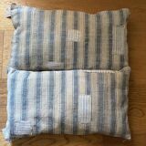 Pair of antique kilim style canvas cushions woven, patched and hand embroidered