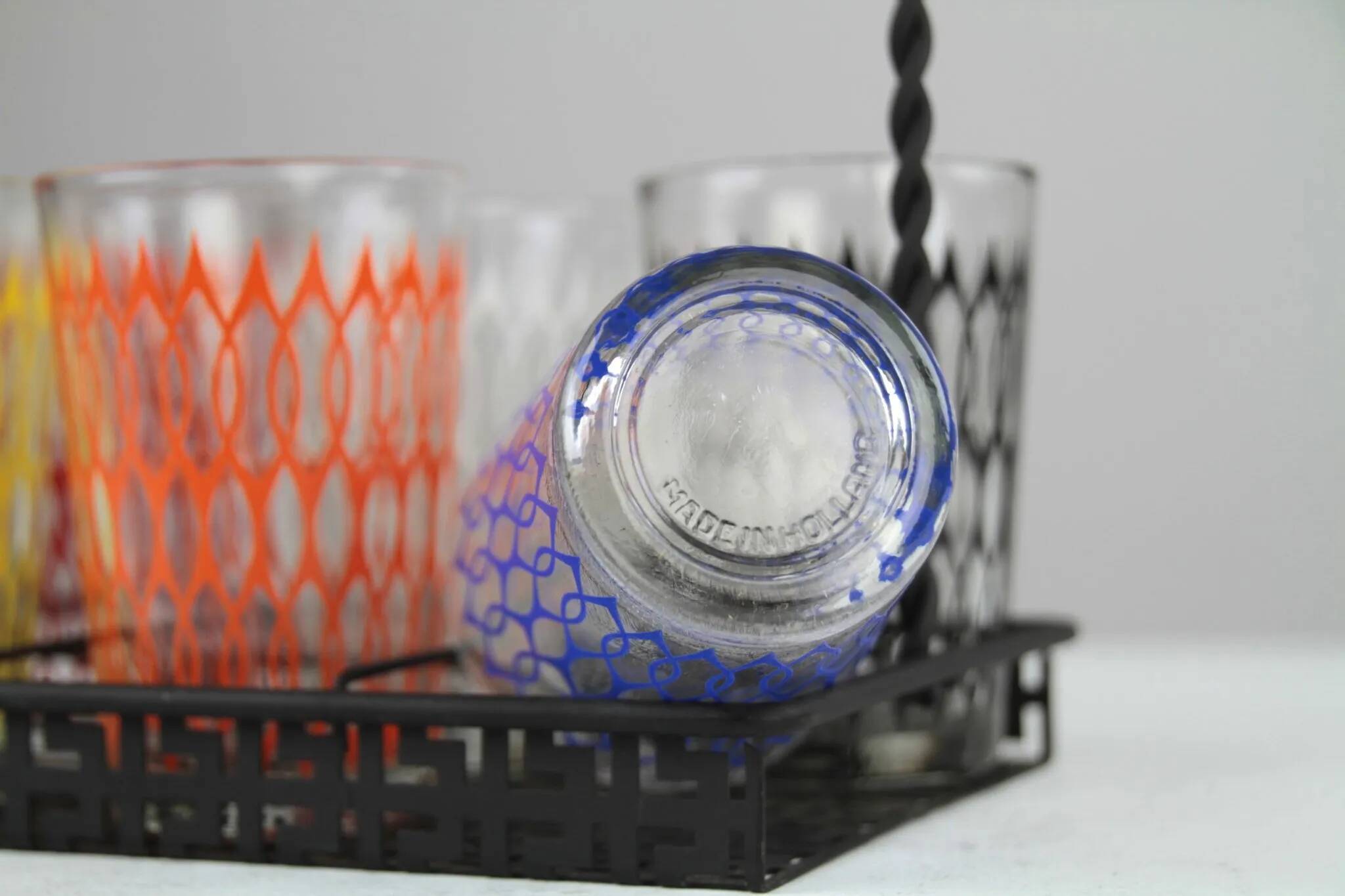 Set of 6 Vintage Lemonade Glasses in Black Metal Carrier — Made in Holland, 1960s/1970s