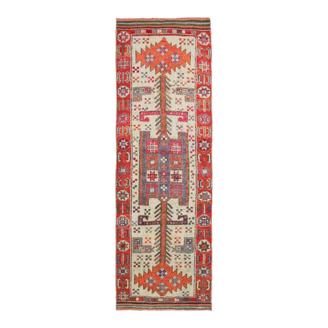 Vintage Turkish hand-knotted wool cotton beige runner rug  114x362