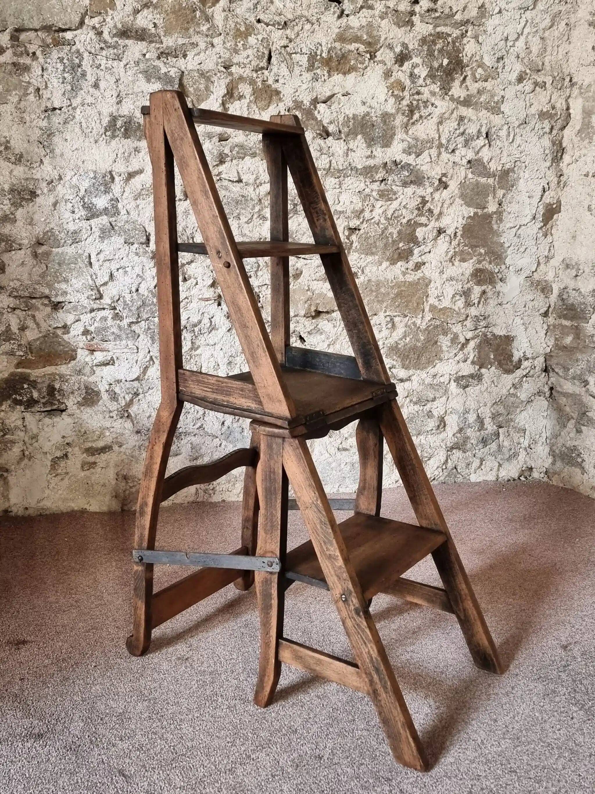 Chaise échelle de bibliothèque en chêne français antique – Tabouret escamotable